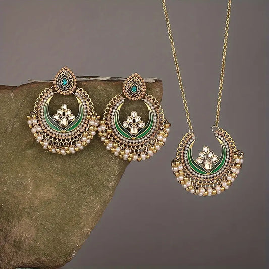 Green Rhinestone Earrings and Necklace Set