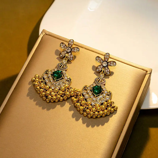 Green Rhinestone Flower Earrings