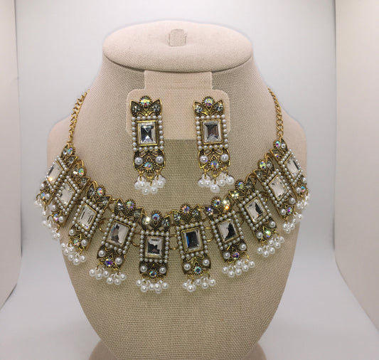 White & Clear Rhinestone Earrings and Necklace Set