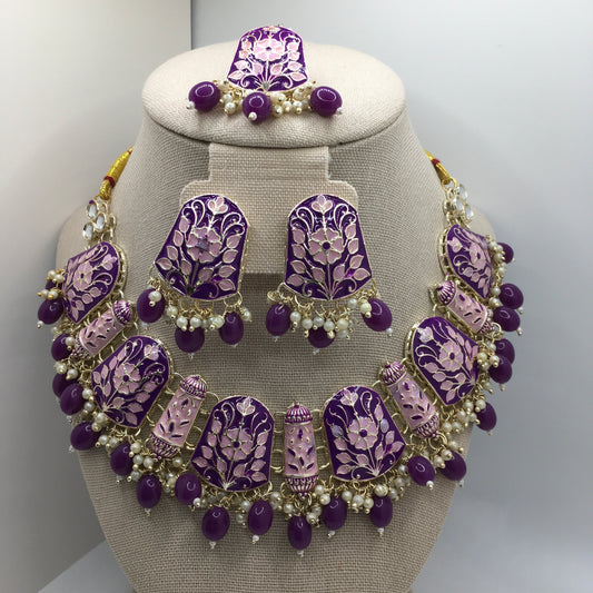 Purple Earring, Necklace & Tika Set