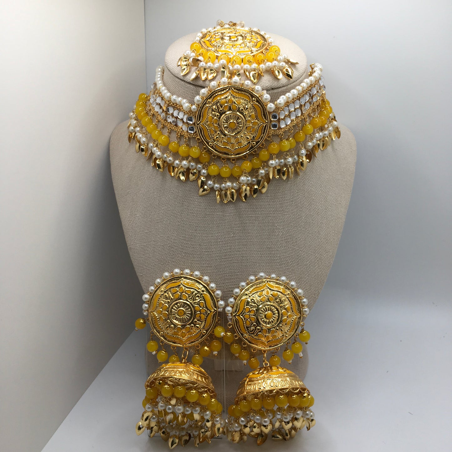 Yellow Necklace, Earring & Tika Set