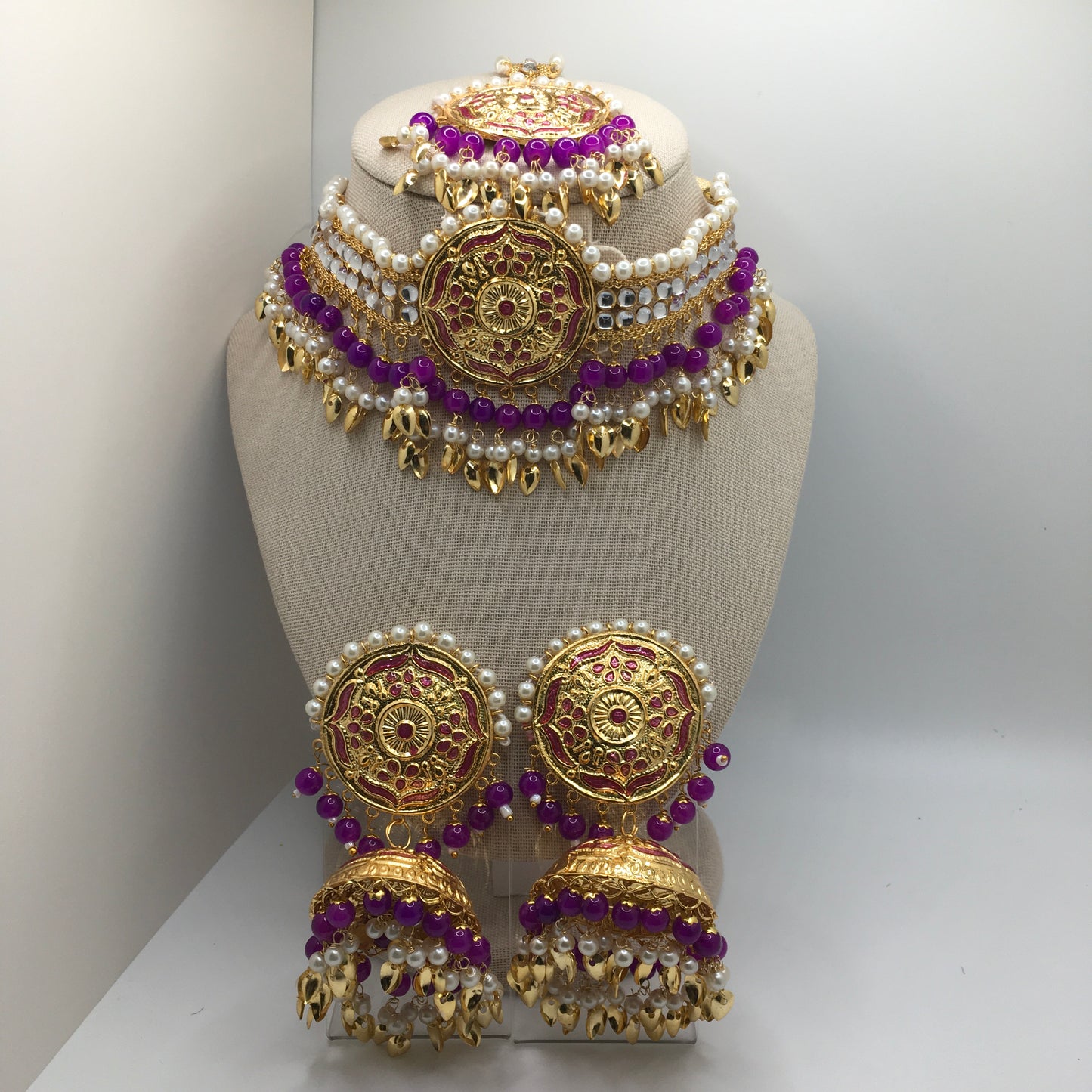 Purple Necklace, Earring & Tika Set