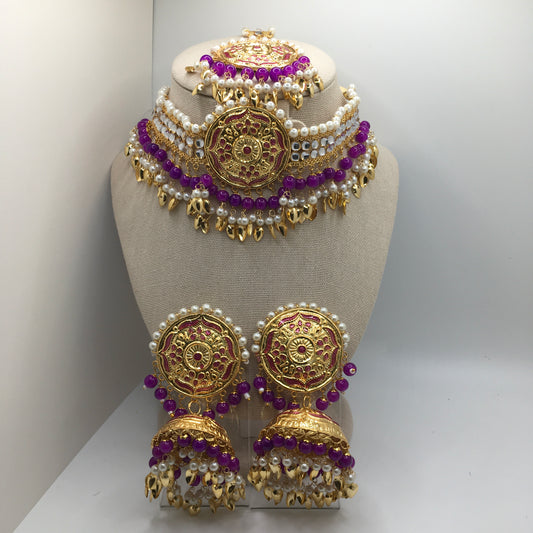 Purple Necklace, Earring & Tika Set