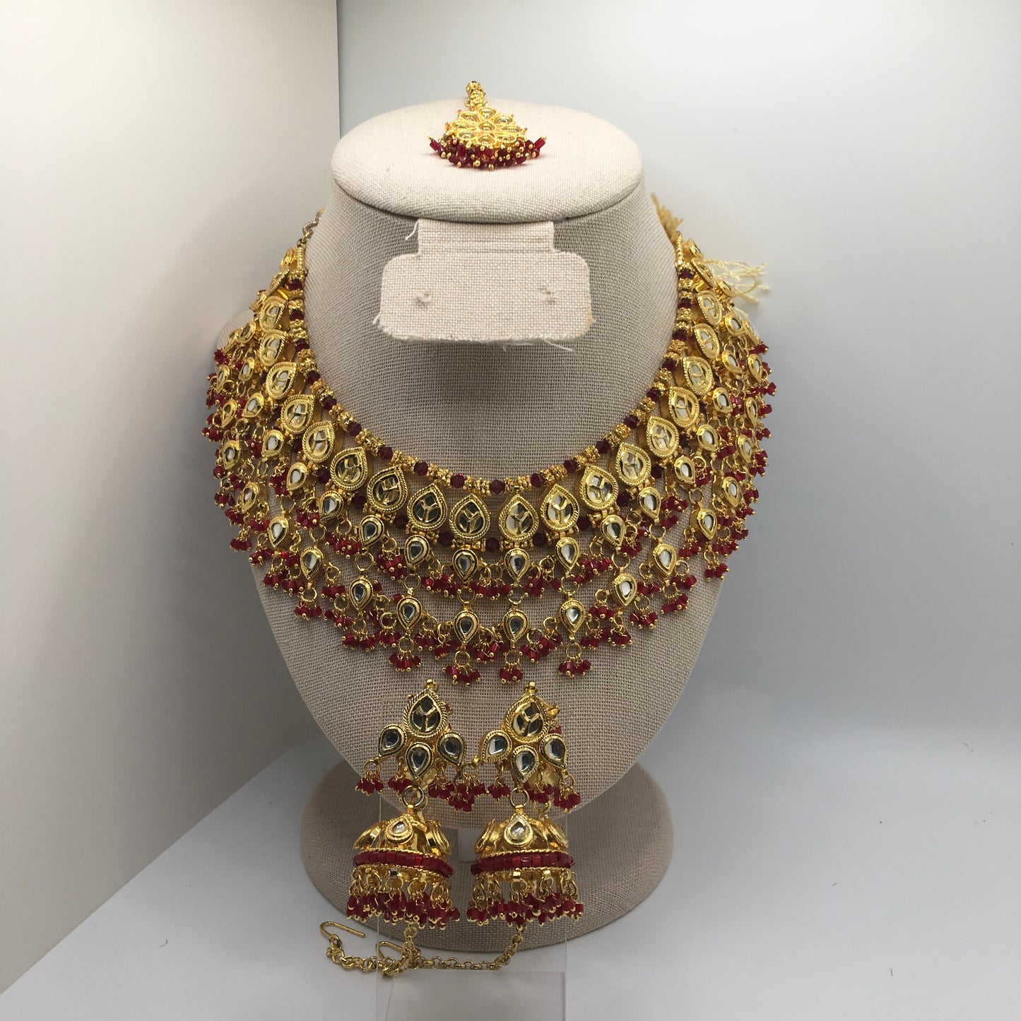 Red & Gold Necklace, Earrings & Tika Set