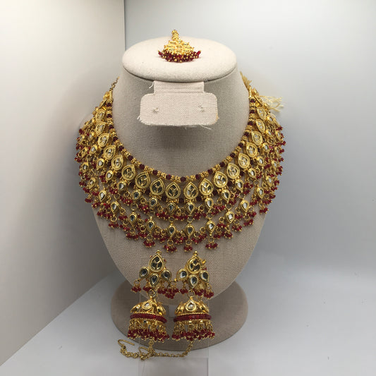 Red & Gold Necklace, Earrings & Tika Set