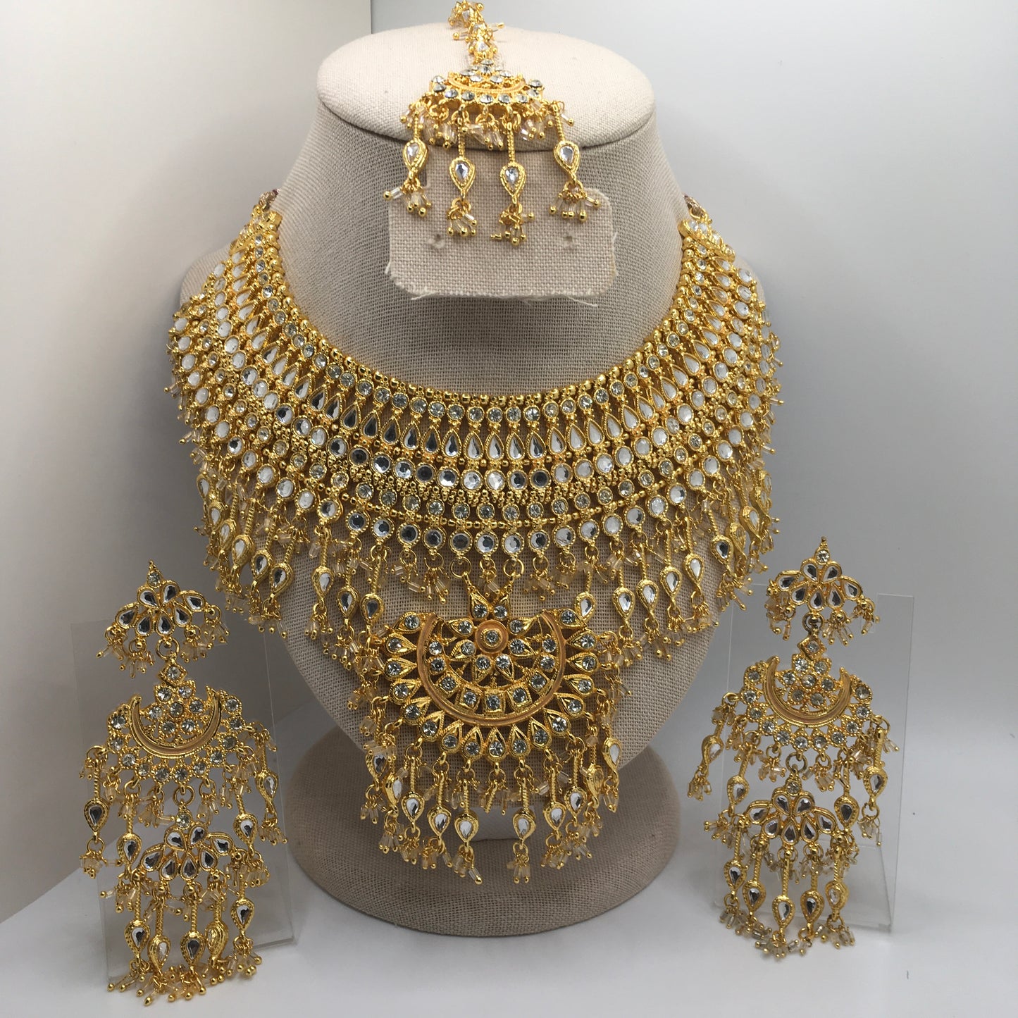 Gold & White Necklace, Earrings & Tika Set