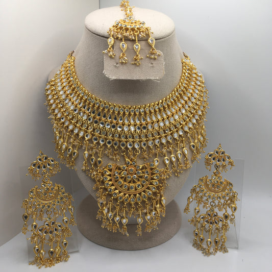 Gold & White Necklace, Earrings & Tika Set