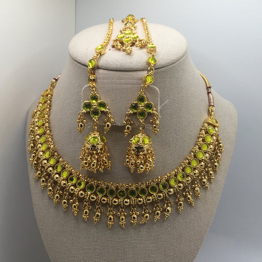 Gold & Lime Green Necklace, Earrings & Tika Set