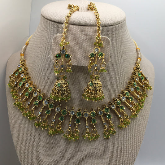 Gold and Lime Green Necklace, Earrings Set