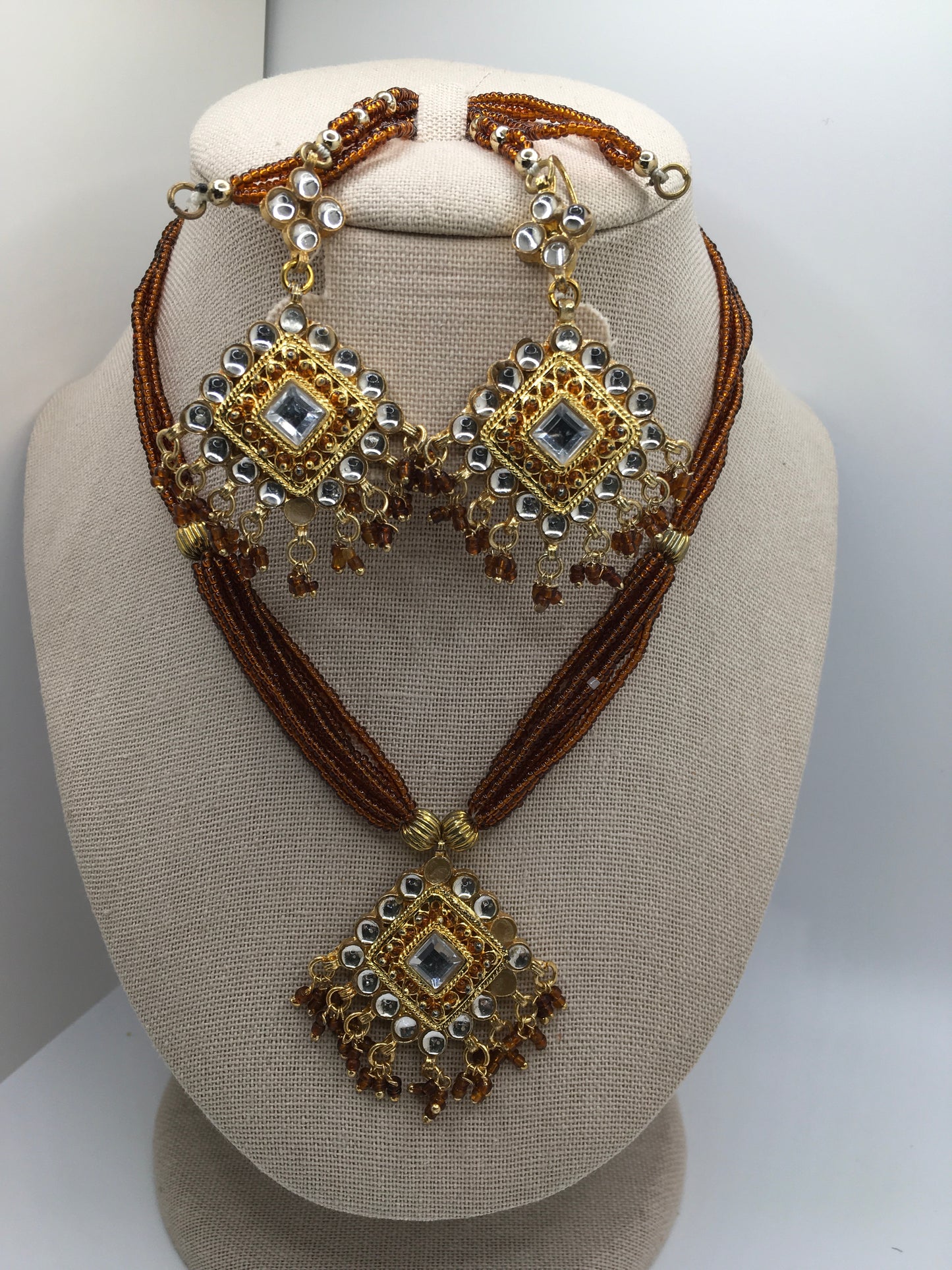 Gold and Brown Necklace, Earrings Set