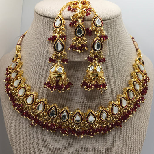 Dark Red Necklace, Earring & Tika Set