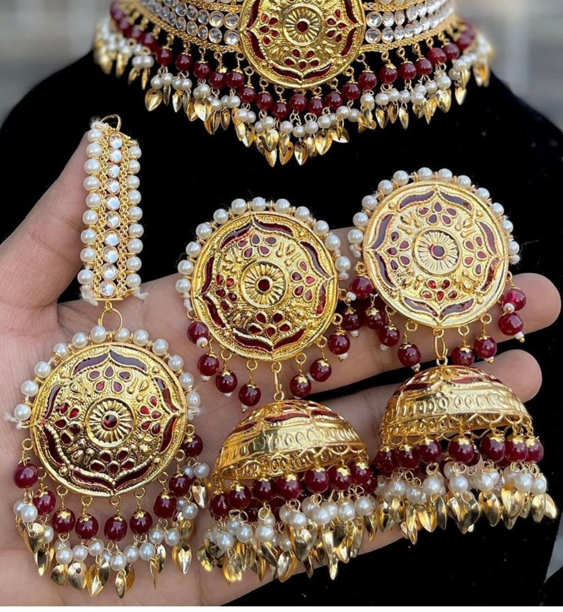 Maroon Necklace, Earring & Tika Set