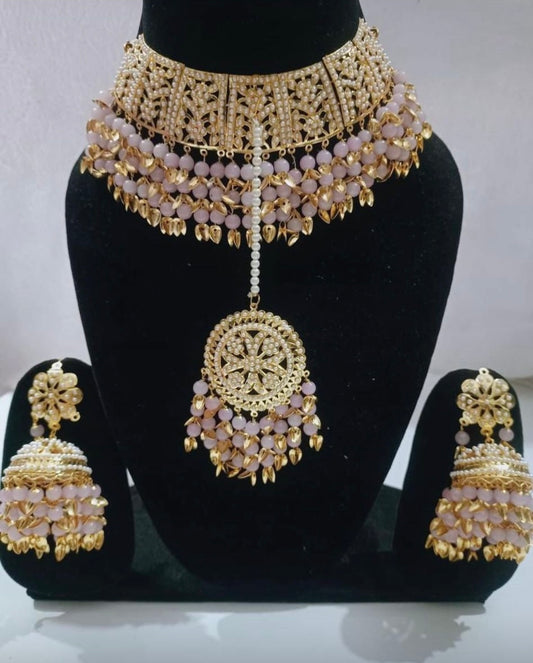 Beautiful Light Pink Necklace, Earring & Tika Set