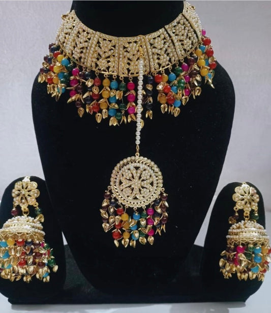 Beautiful Multicolored Necklace, Earring & Tika Set