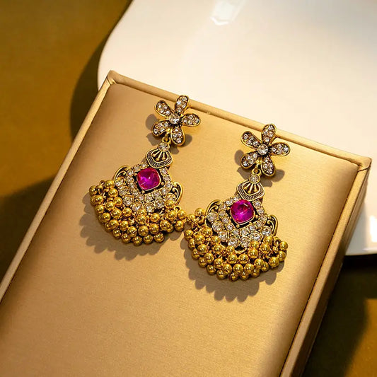 Pink Rhinestone Flower Earrings