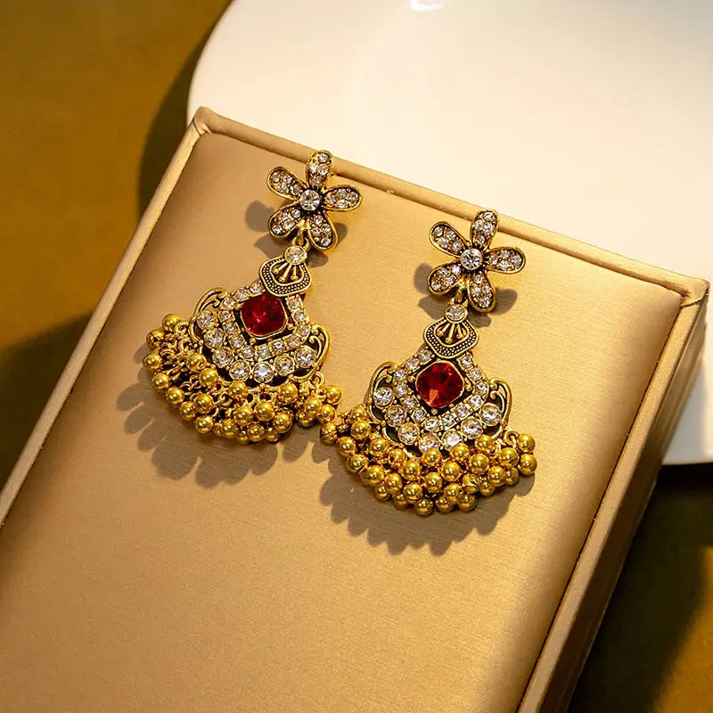 Red Rhinestone Flower Earrings